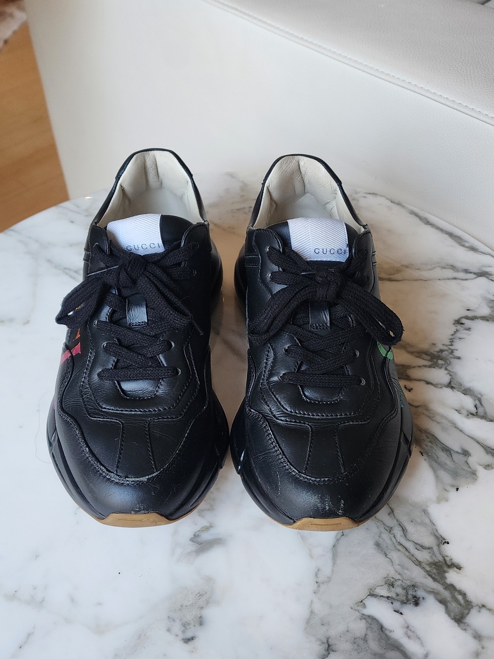 Gucci Rhyton Women's Black Leather Sneakers with Rainbow Logo Graphic Size 7.5 - Picture 3 of 13